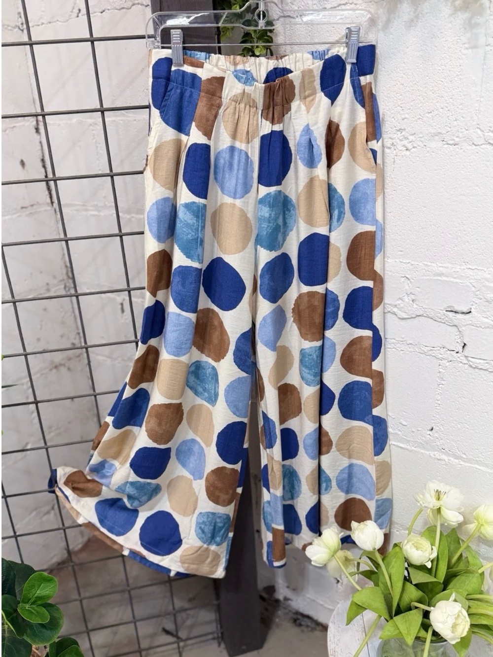 Umgee Wide-Leg Polka Dot Pull-On Pants - Blue, Tan & Brown